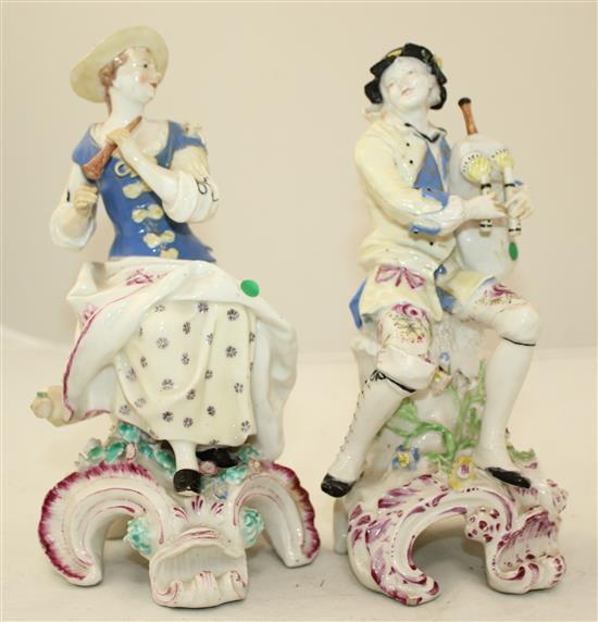 A near pair of Bow figures of musicians, c.1758, 22cm and 23cm, slight restorations